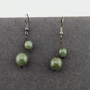 Olive Green Round Beaded Drop Dangle Hook Earrings Bohemian Earthly Hippie Stone